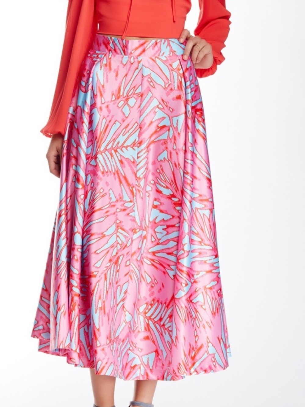 Romeo & Juliet Couture Pink & Blue Palm-Print Midi Skirt